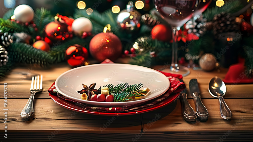 Christmas table setting with red decoration, AI Generative