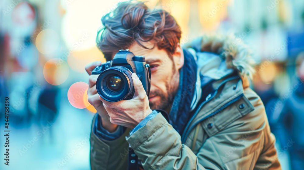 Man with a beard wearing a jacket takes a photo with a digital camera while walking in the city Man with a beard wearing a jacket takes a photo with a digital camera while walking in the city