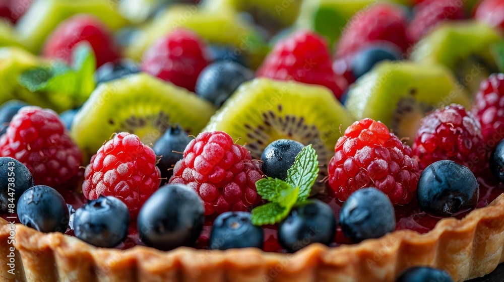 Detailed shot of colorful fruit tart with variety of fresh fruits, ideal for bakery promotions and dessert menus Detailed shot of colorful fruit tart with variety of fresh fruits, ideal for bakery promotions and dessert menus