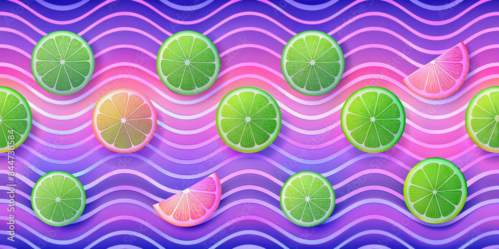 Vibrant lime wedges and a single lemon pop against a wavy background in shades of purple and pink, creating a visually stimulating pattern. Citrus fruits look fresh with their detailed texture.AI gene Vibrant lime wedges and a single lemon pop against a wavy background in shades of purple and pink, creating a visually stimulating pattern. Citrus fruits look fresh with their detailed texture.AI gene