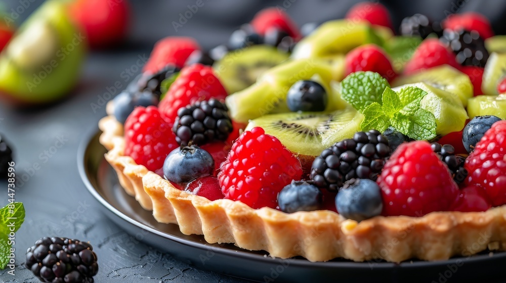 Gourmet fruit tart with fresh fruits, great for promoting dessert menus and bakery items Gourmet fruit tart with fresh fruits, great for promoting dessert menus and bakery items
