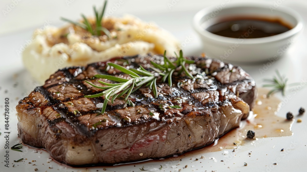 Detailed shot of perfectly cooked steak with grill marks, ideal for steakhouse menus and gourmet promotions Detailed shot of perfectly cooked steak with grill marks, ideal for steakhouse menus and gourmet promotions