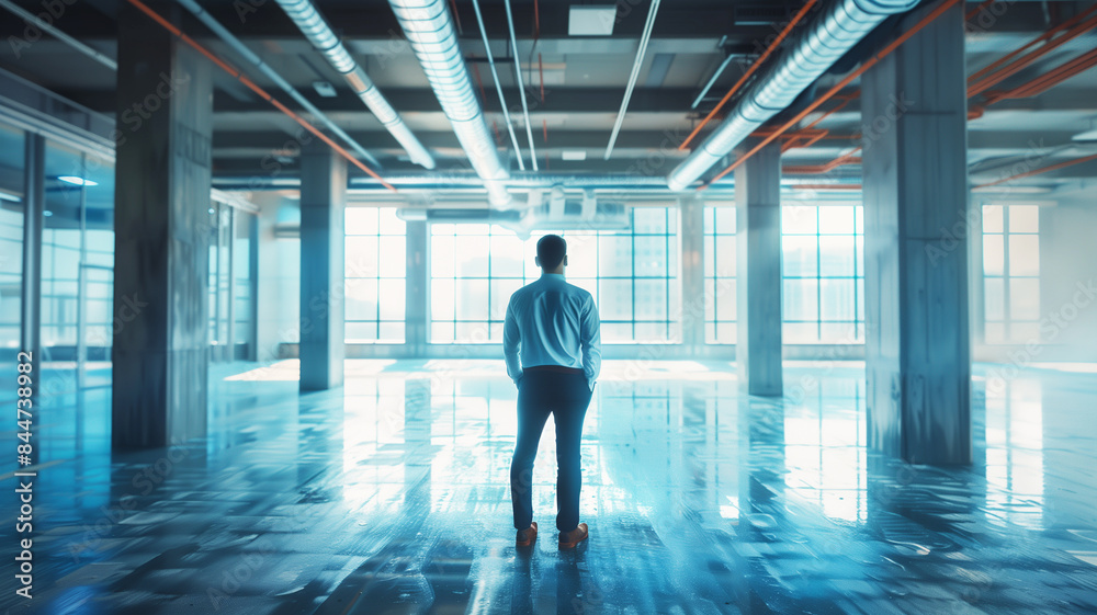 Entrepreneur in an empty office space, visualizing the future design and workflow of their new business. Entrepreneur in an empty office space, visualizing the future design and workflow of their new business.
