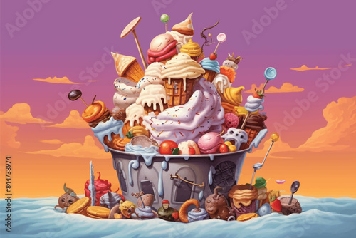 Colorful yummy ice cream with cartoon topping illustration
