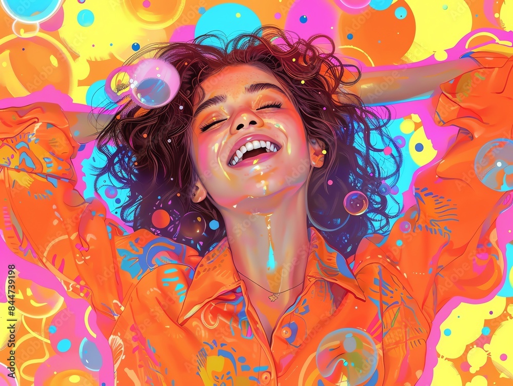 Fototapeta premium Girl in buttonup pajamas, playful smile, neon orange and blue, energetic and colorful illustration
