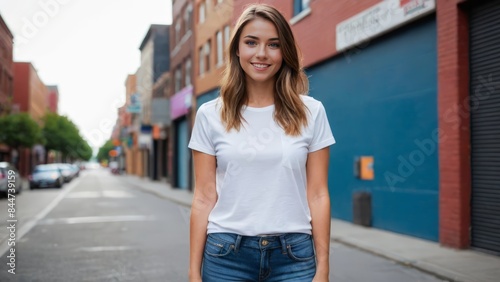 Young woman wearing white t-shirt and blue jeans standing on the street © QuoDesign