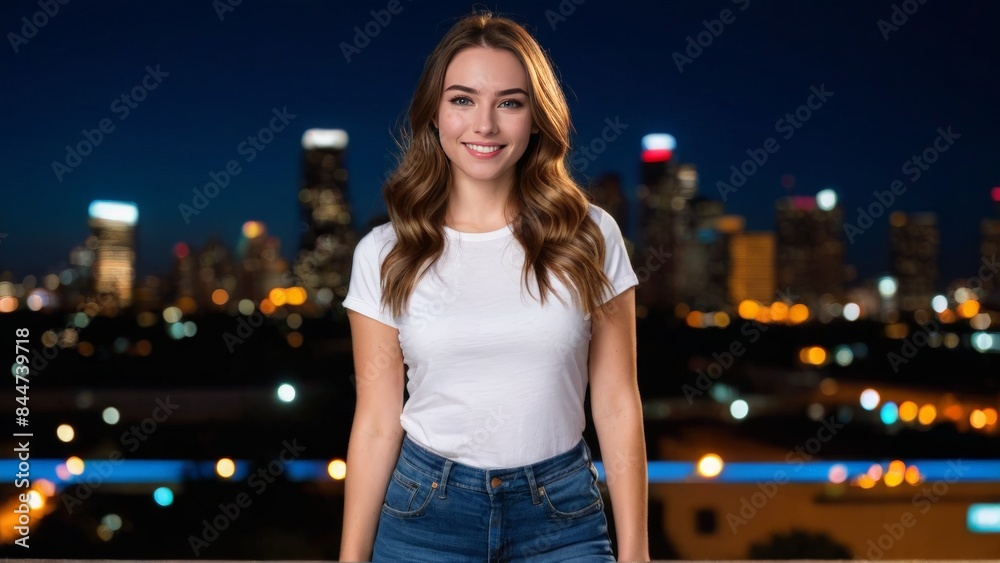 Fototapeta premium Young woman wearing white t-shirt and blue jeans standing on the street at night