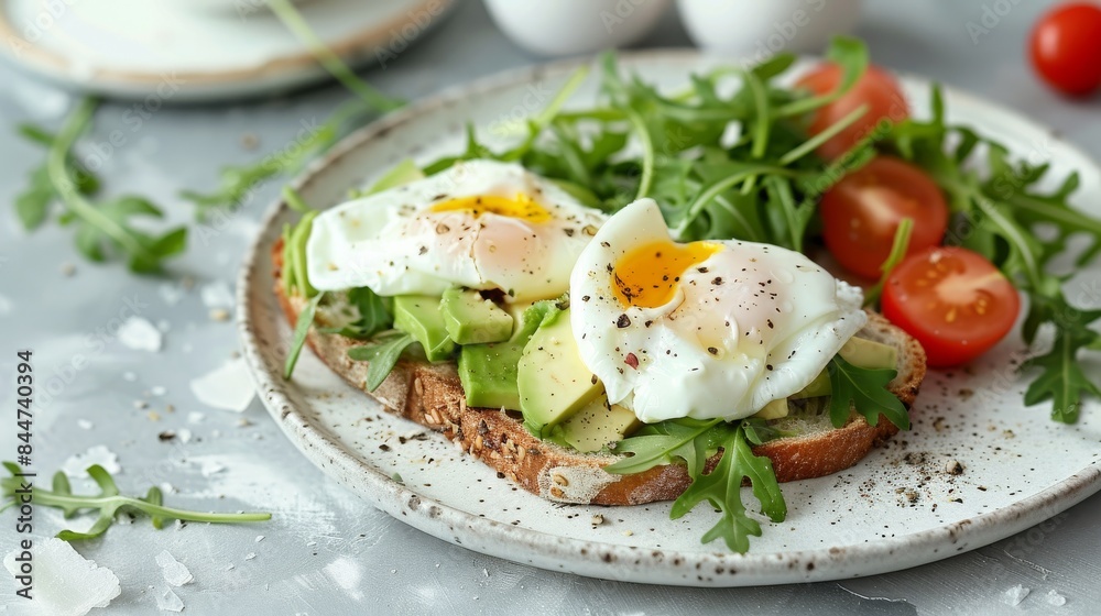 Modern brunch setting with avocado toast and poached eggs, ideal for café menus and brunch promotions Modern brunch setting with avocado toast and poached eggs, ideal for café menus and brunch promotions