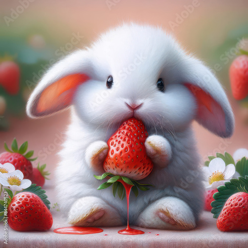 A cute white rabbit is holding a large strawberry between its paws, appearing to take a bite