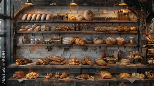 Gourmet bakery with artisanal breads, great for promoting bakery items and rustic kitchen themes