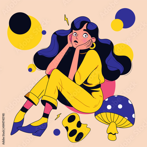 Vector illustration of long hair woman wear suit and high heels. Mushroom, abstract elements on background. Retro, y2k, cartoon hand drawn style. Design for poster, banner, t-shirt, fabric. Character.