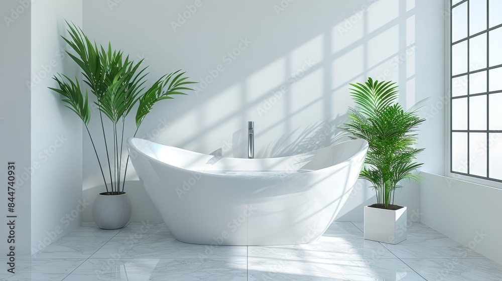 A white bathtub sits next to a potted green plant on a white tiled floor In front of it is a window sill A white bathtub sits next to a potted green plant on a white tiled floor In front of it is a window sill