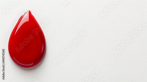  A red drop of liquid sits atop a white wall, beside a red object The drop casts a long shadow beneath it