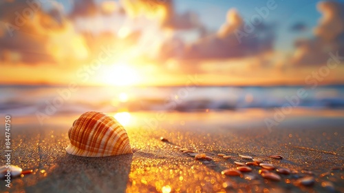  A tight shot of a seashell on a sandy beach, sun sinking behind, clouded sky overhead, reflecting waters hosting smaller shells