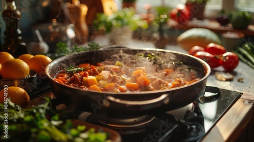 Cozy meal with homemade stew in rustic kitchen, great for promoting meal menus and rustic kitchen themes photo