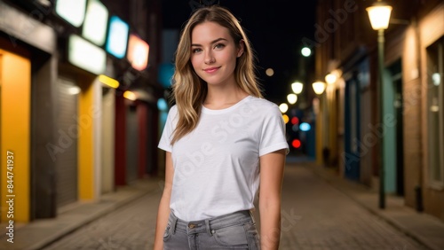 Young woman wearing white t-shirt and grey jeans standing in a city alley at night