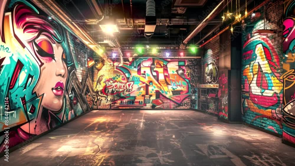 music stage in an underground club with walls covered in intricate and edgy graffiti art. seamless looping video background