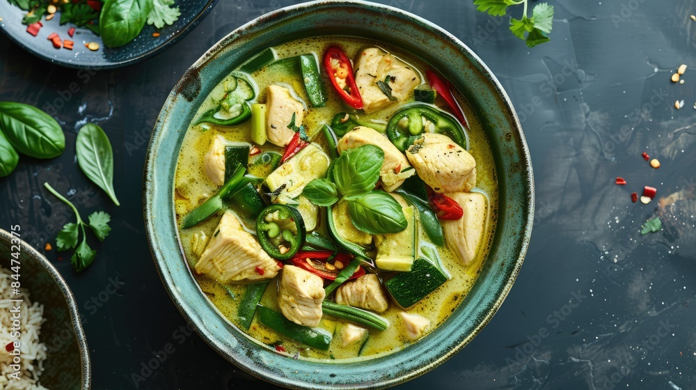 Spicy Thai green curry with chicken and vegetables in a bowl Spicy Thai green curry with chicken and vegetables in a bowl