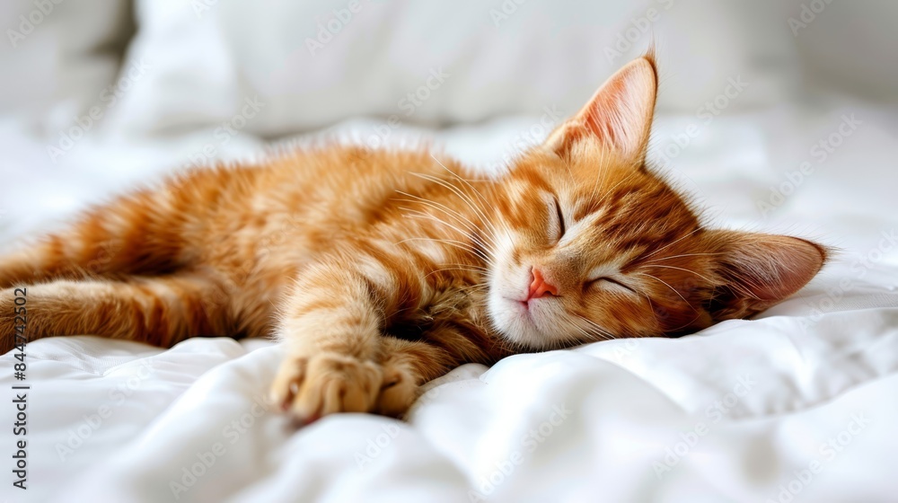 A close-up of a cat lying on a bed, its head resting on the pillow with its eyes closed A close-up of a cat lying on a bed, its head resting on the pillow with its eyes closed