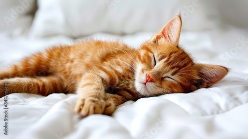  A close-up of a cat lying on a bed, its head resting on the pillow with its eyes closed © Jevjenijs