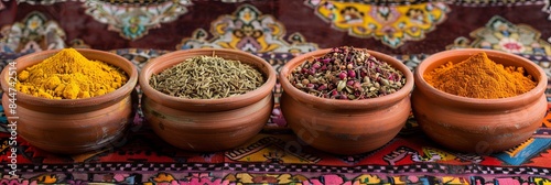 A close-up view of four clay bowls filled with vibrant Moroccan spices, including saffron, ras el hanout, and cinnamon, set against a colorful fabric backdrop. Generative AI © Анатолий Савицкий