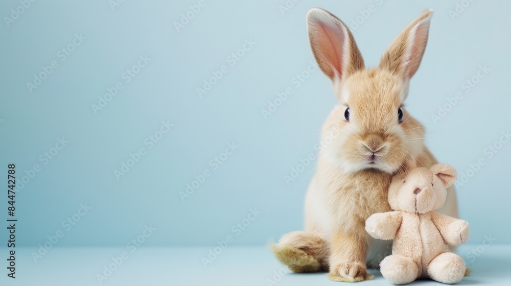 Serene rabbit sitting peacefully on pastel background with a plush toy Serene rabbit sitting peacefully on pastel background with a plush toy