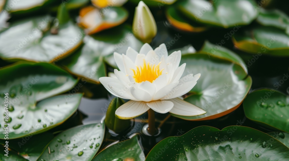 A white and yellow flower sits atop a green pond, teeming with water lilies and verdant plant life Dew graces the leaves A white and yellow flower sits atop a green pond, teeming with water lilies and verdant plant life Dew graces the leaves