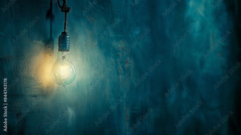 A light bulb dangling from a dark room's blue-hued wall side A light bulb dangling from a dark room's blue-hued wall side