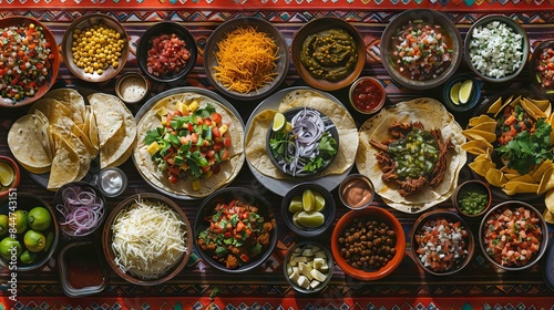 Top-down view of delicious taco spread with various toppings, perfect for Mexican cuisine promotions and food photography © Mosaic Mind