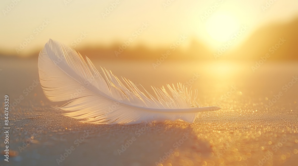A white feather atop a sandy beach, near a body of water Sun sets in the distance, casting an orange glow behind the bird's wing and tail A white feather atop a sandy beach, near a body of water Sun sets in the distance, casting an orange glow behind the bird's wing and tail