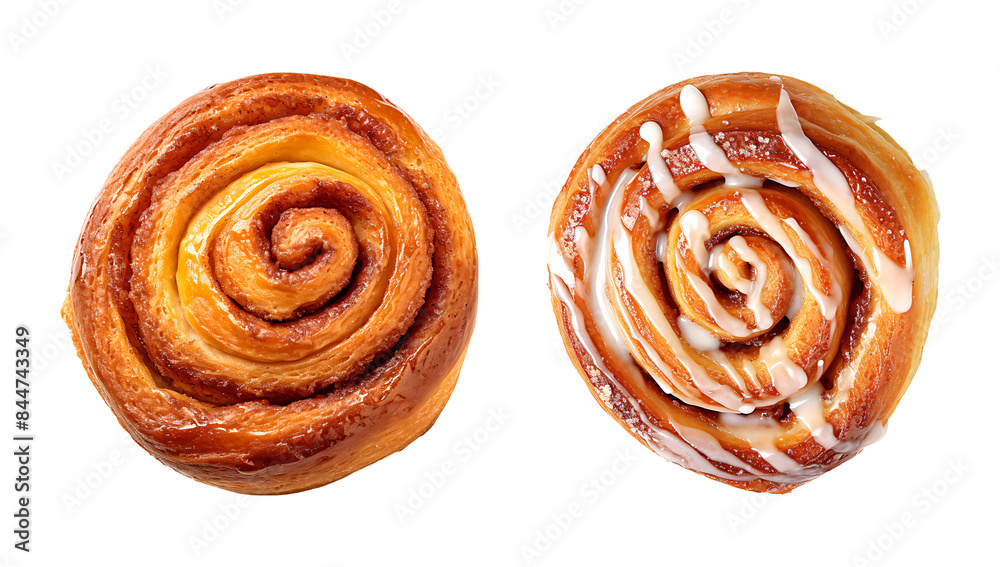 Cinnamon rolls, one plain and one drizzled with icing, showcasing a perfect spiral of golden brown dough. Cinnamon rolls, one plain and one drizzled with icing, showcasing a perfect spiral of golden brown dough.