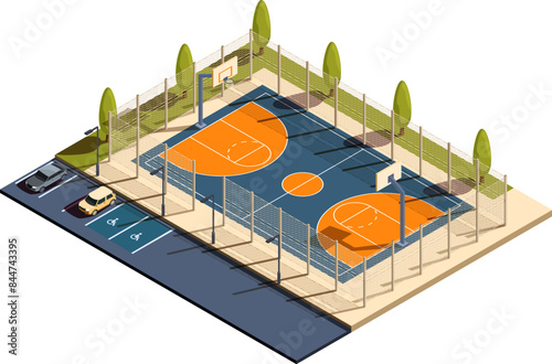 isometric outdoor basketball court with parking with cars, vector illustration photo