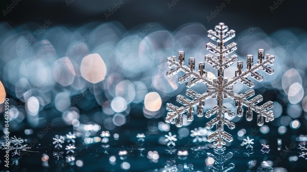 A snowflake atop a black table, beside a Christmas or New Year ornament Background softly blurred A snowflake atop a black table, beside a Christmas or New Year ornament Background softly blurred