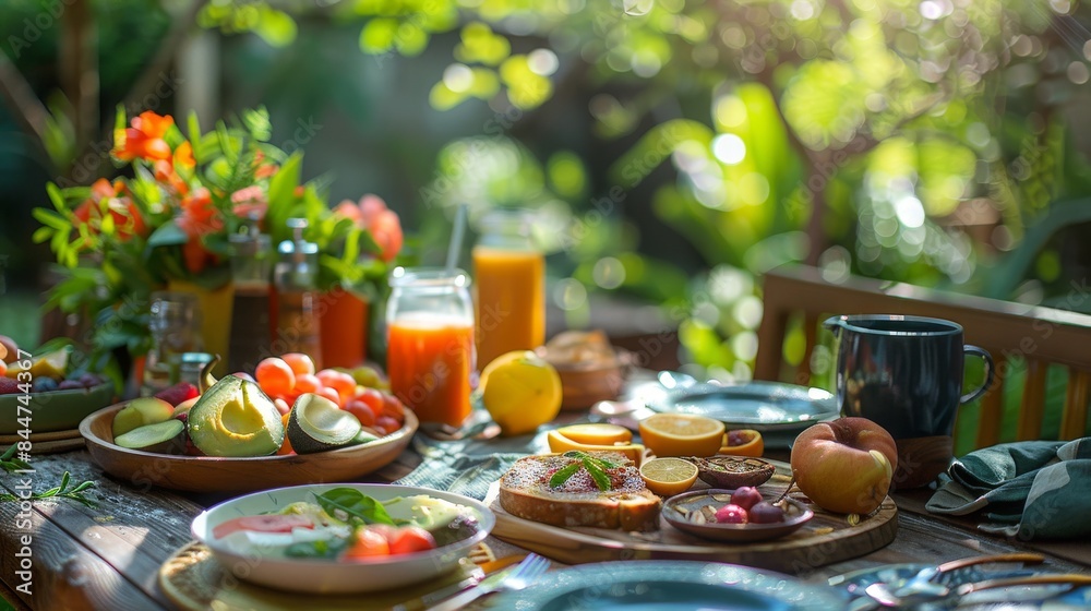 Healthy brunch with avocado toast and fruits, perfect for summer dining promotions and culinary blogs