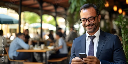 Middle-aged Hispanic CEO smiling while using mobile app and laptop, holding smartphone. Concept Business, Technology, Entrepreneur, Hispanic, Middle-aged photo