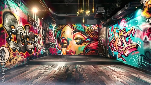 a vibrant music stage set up in an urban environment, with walls covered in colorful graffiti art. seamless looping video background