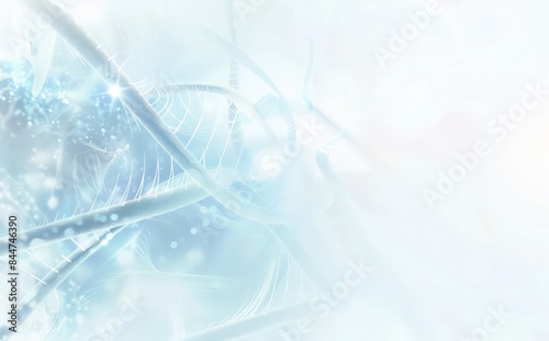 Abstract background with double helix and DNA on blue color, science concept for medical banner, light cyan styles, blurred light bokeh, futuristic digital illustration, light background © Anastasia Knyazeva