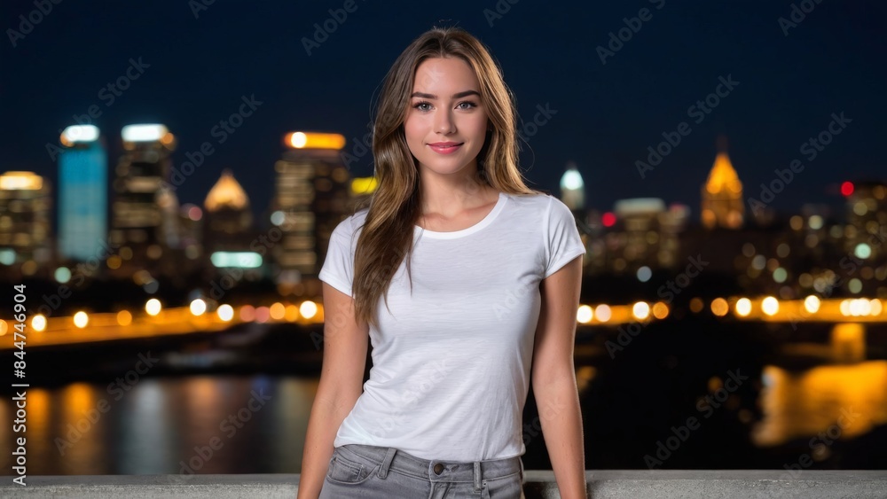 Young woman wearing white t-shirt and grey jeans standing on cityscape at night background