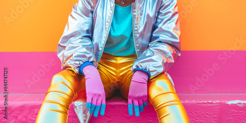 A close-up of a person rocking an 80s new wave look with a metallic jacket, bright leggings, and fingerless gloves photo