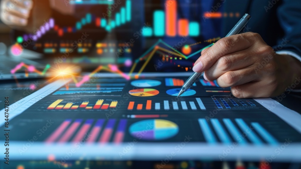 analysis working with the latest financial results. Analysis of sales forecast graphs, financial accounting with hand writing Abstract digital effect for background analysis working with the latest financial results. Analysis of sales forecast graphs, financial accounting with hand writing Abstract digital effect for background