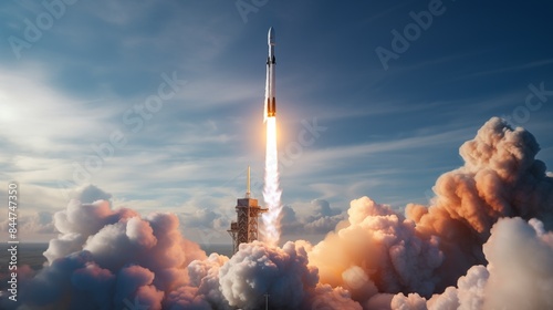 A SpaceX rocket is seen launching into the sky above a layer of clouds, showcasing a powerful and dynamic moment in space exploration.