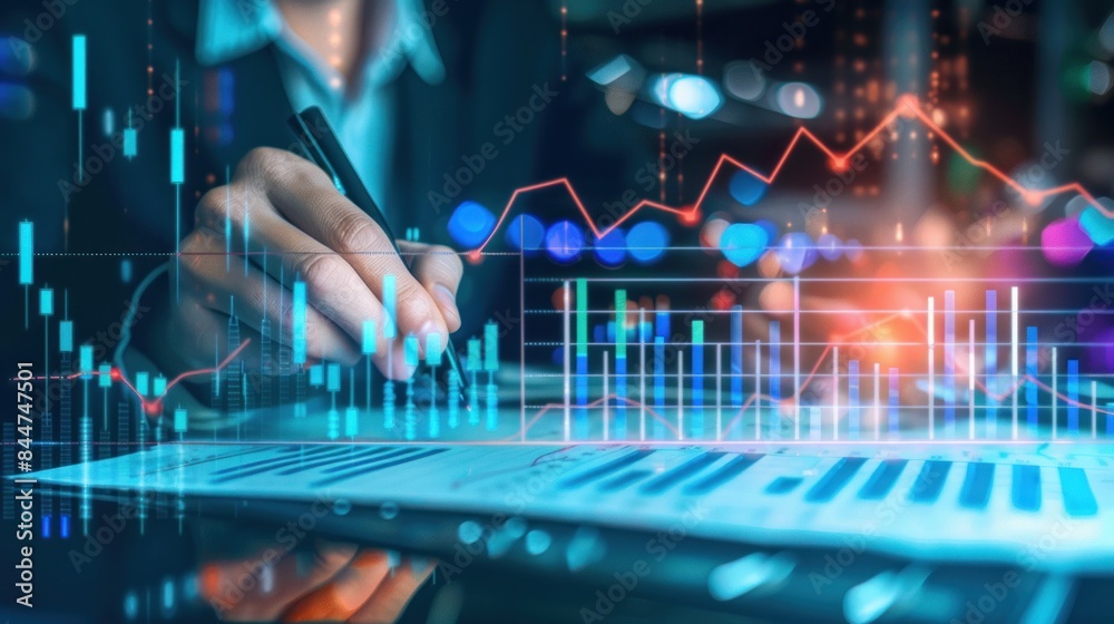 analysis working with the latest financial results. Analysis of sales forecast graphs, financial accounting with hand writing Abstract digital effect for background analysis working with the latest financial results. Analysis of sales forecast graphs, financial accounting with hand writing Abstract digital effect for background