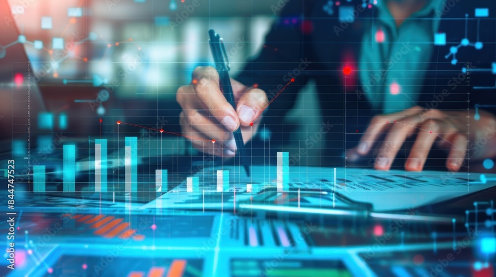 analysis working with the latest financial results. Analysis of sales forecast graphs, financial accounting with hand writing Abstract digital effect for background analysis working with the latest financial results. Analysis of sales forecast graphs, financial accounting with hand writing Abstract digital effect for background