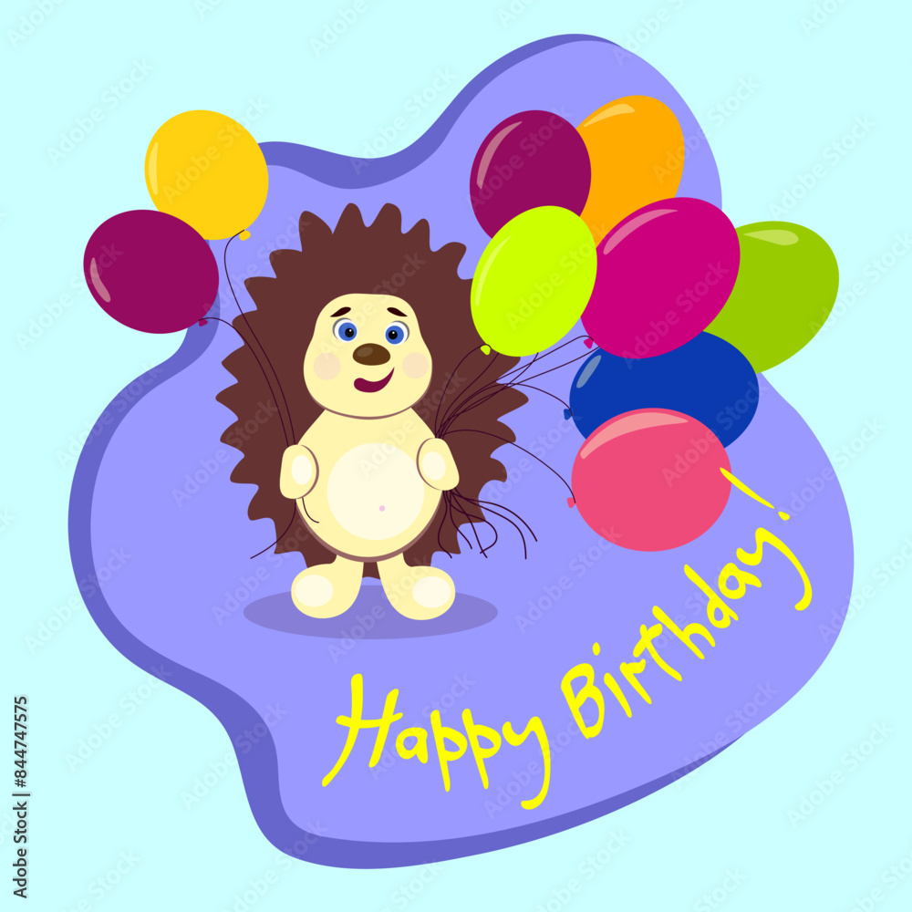 Fototapeta premium Bright children's Happy Birthday card in cartoon style, hedgehog holding balloons