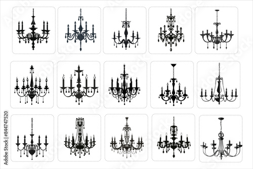 different chandelier styles silhouettes Bundle, Vintage candelabra crystal lamps collection, Chandelier icon vector set. 