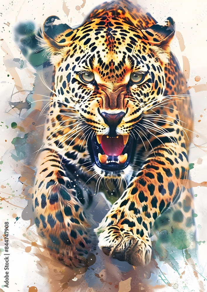 Naklejka premium Watercolor Leopard on a white background, Animal Wall Art Poster