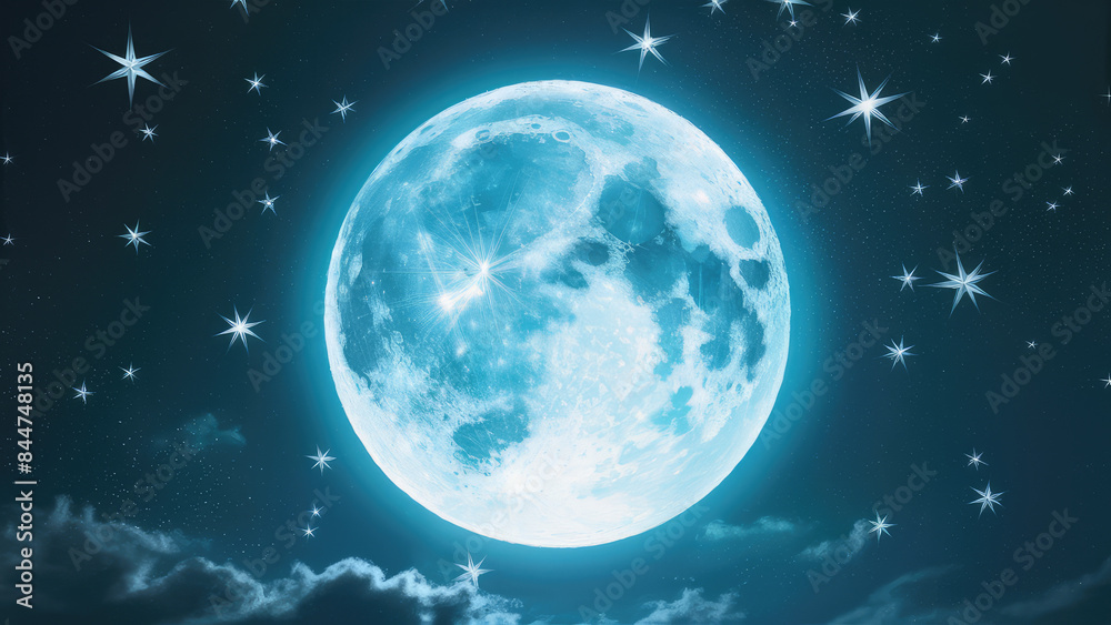 a full light blue moon in the night sky lots of shiny silver stars a full light blue moon in the night sky lots of shiny silver stars