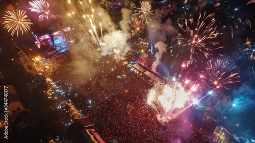 drone showing the crowd with their hands raised and fireworks lighting up the sky generative ai