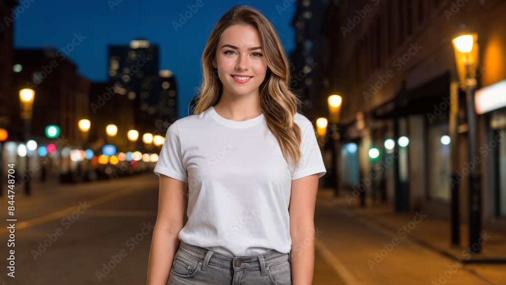 Young woman wearing white t-shirt and grey jeans standing on the street at night Young woman wearing white t-shirt and grey jeans standing on the street at night