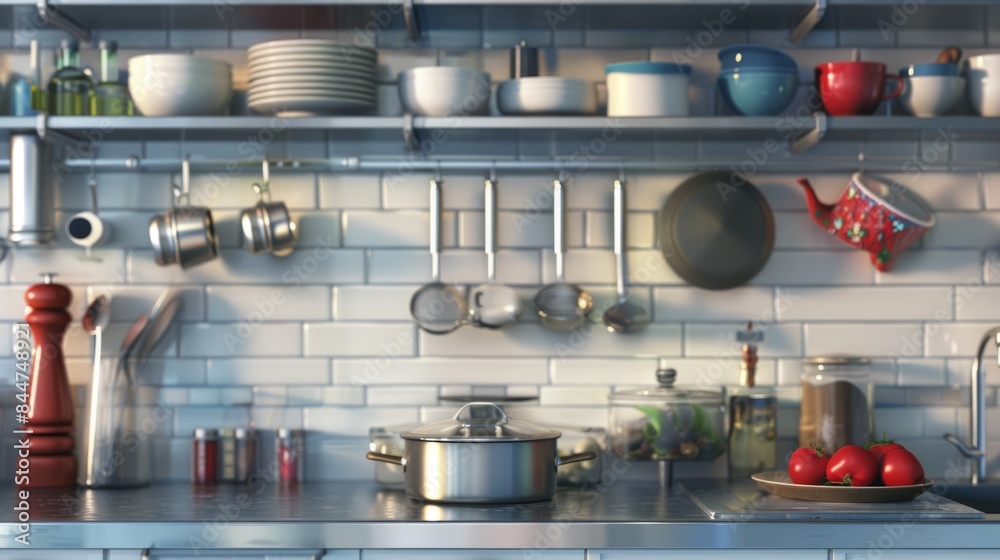 Counter with a background of kitchen utensils well organized on shelves. generative ai Counter with a background of kitchen utensils well organized on shelves. generative ai